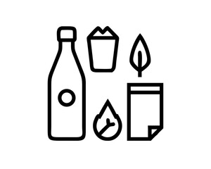 Icon showing a bottle, cup, leaf, and paper