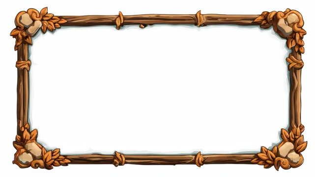 Wooden rectangular cartoon frame with rocks and autumn leaves on a clean white background, concept of nature-themed border for design
