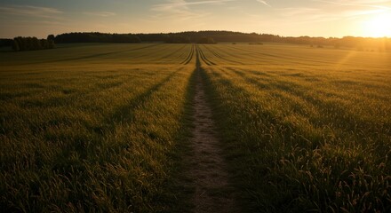 Fototapeta premium Scenic dirt road through a field at sunset nature and travel concept