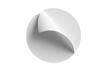 A circular white sticker or label with a single, curved flap