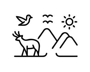 Nature scene, with deer, bird, mountains, and sun