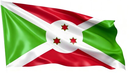 Photorealistic image of the flag of Burundi with red and green triangles, a white saltire, and three white stars in the center. Isolated on a white background.