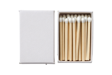 Open matchbox with wooden matches.  White box, light beige matches with white heads.  Top-down view