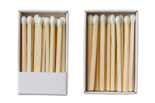 Two white cardboard matchboxes, each filled with wooden matches,  arranged side-by-side.  White heads on light beige sticks.  Straight and even