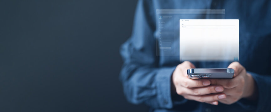email, compose, template, subject, send, reply, Person composing email on smartphone with holographic interface, showing new message template, subject line, and send options for digital communication.