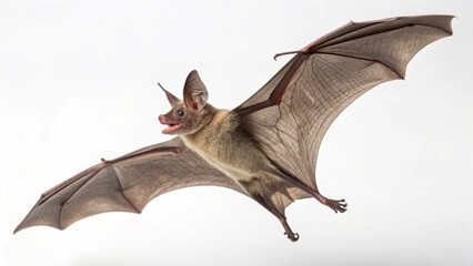 Fototapeta premium Mexican Free-Tailed Bat with long narrow wings, short muzzle, and tail extending beyond the membrane, isolated on a clean white studio background, realistic flying mammal portrait, sharp focus, profes