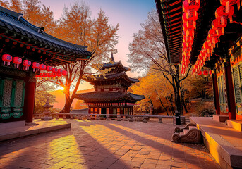 Long covered walkway with red columns and lanterns glowing at twilight leading to a temple courtyard cultural travel architecture scene trending editorial cinematic