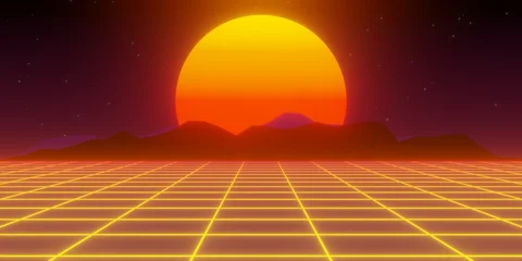 Selbstklebende Fototapeten Rot Lila Retro glowing orange grid with mountains in the distance, sunset and purple sky, synthwave, vaporware or retrowave 80s minimal geometric background  © Shawn Hempel