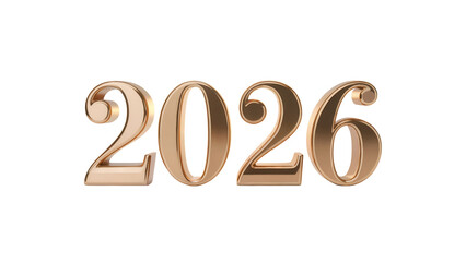 Golden metallic 3d numbers spelling out the year 2026 with a reflective surface isolated on transparent background