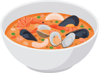 A white bowl of delicious seafood soup with shrimp, mussels, and clams, isolated on a white background.