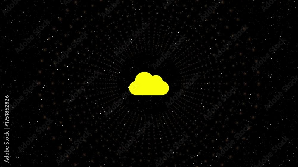 Wall mural animated yellow cloud icon on a black background with glowing dots, representing cloud computing, da