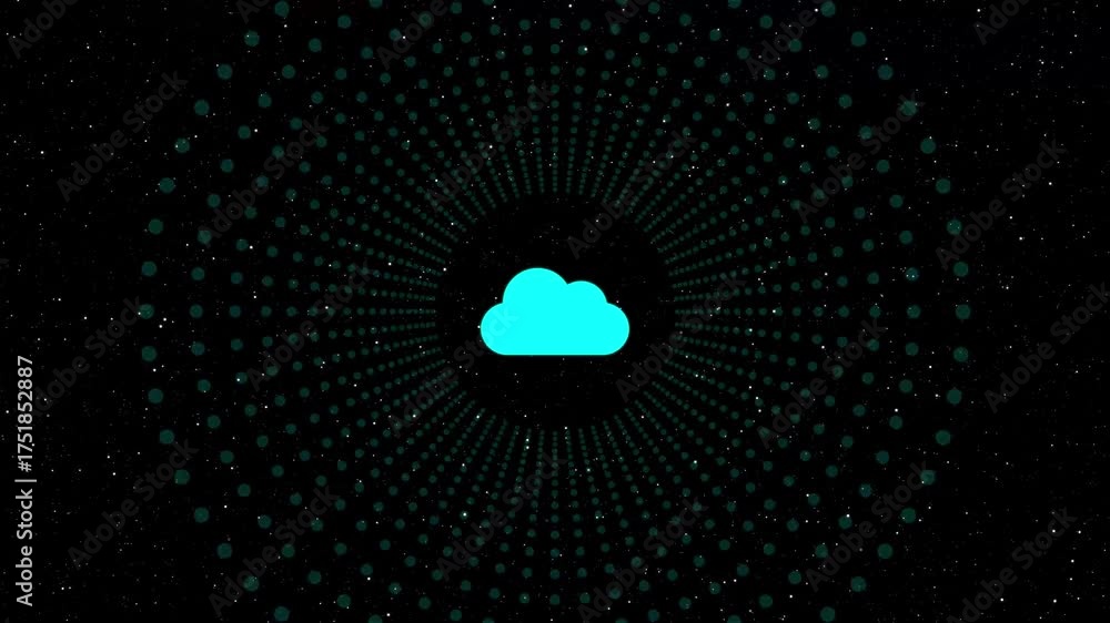 Wall mural animated cyan cloud icon on a black background with glowing dots, representing cloud computing, data