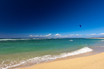 Tropical Beach with Turquoise Ocean, Golden Sand, and Breaking Waves, Greek island of Lefkada