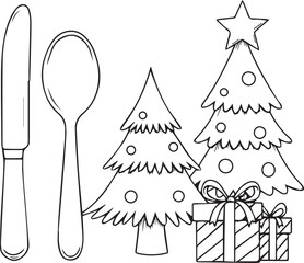 Christmas Table Setting With Trees And Gifts Line Art