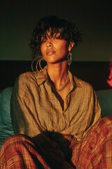 Close-up portrait blending vintage mood and modern grace. Retro fashion editorial photo.