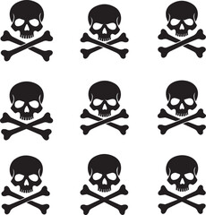 Nine black skull and crossbones icons on white background