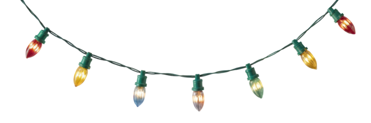 A string of colorful incandescent christmas lights with green bases hanging in a gentle curve isolated on transparent background