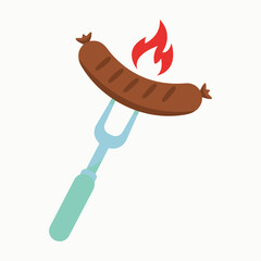 Sausage On A Fork With Flames On White Background cooking
