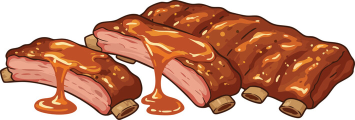 A detailed vector illustration of cooked pork ribs with barbecue sauce dripping off them.