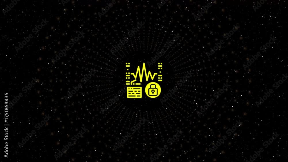 Wall mural glowing yellow icon of a server with a lock and a waveform inside a circle against a dark background