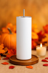 White Tumbler Mockup for Sublimation in a Festive Autumn and Halloween Setting