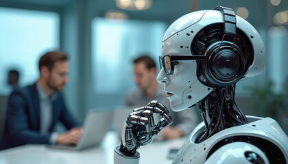 White robot with glasses and headphones thinks at table. Colleagues work on laptop in office background. Future tech collaboration at corporate workplace.