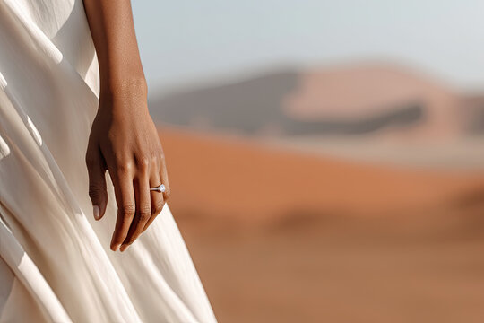 woman hand gracefully holds flowing fabric, adorned with sparkling ring, set against warm desert backdrop. scene evokes sense of elegance and beauty