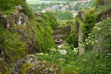 The ancient 12th century Beckov Castle in Slovakia. A castle courtyard with a well.