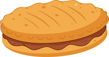 A cartoon illustration of a golden-brown cookie sandwich with a thick chocolate cream filling.