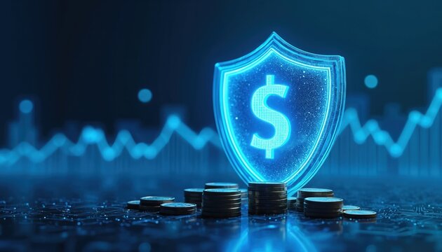 Glowing blue digital shield with dollar symbol secures stacks of coins on futuristic circuit board surface. Financial data trend graph shows strong market performance, economic growth. Image modern