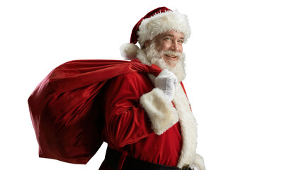 Joyful santa claus with a large red sack of presents over his shoulder smiling warmly isolated on transparent background