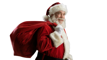 Joyful santa claus with a large red sack of presents over his shoulder smiling warmly isolated on transparent background