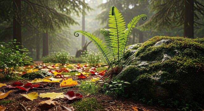 Misty Forest Floor with Autumn Leaves and Ferns