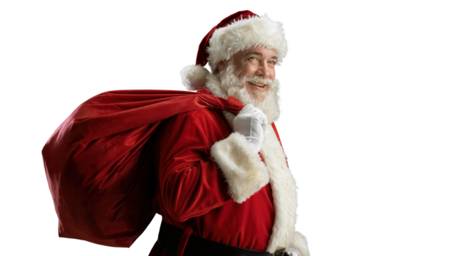 Joyful santa claus with a large red sack of presents over his shoulder smiling warmly isolated on transparent background