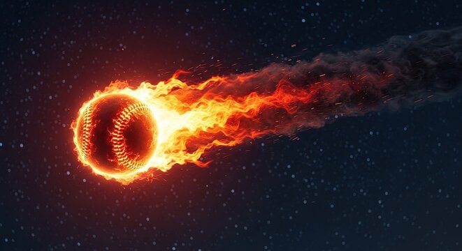 A flaming baseball hurtles through the inky expanse of space, leaving a fiery trail in its wake, a cosmic collision of sport and celestial wonder, a mesmerizing spectacle