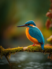 Fototapeta premium Vibrant kingfisher perched on a mossy branch, showcasing its colorful plumage near water.