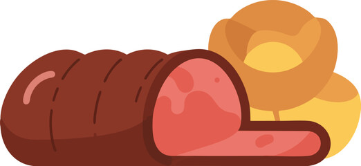 A cartoon illustration of a sliced meat roast with golden dinner rolls isolated on a white background.