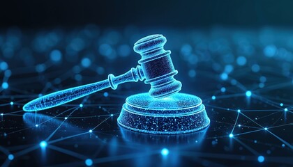 Digital illustration of a gavel on stand with glowing nodes connected by lines. Concept represents legal tech AI law and justice cyber security systems and court proceedings.