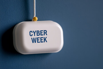 Cyber Week Announcement: The sign hanging from the string reads "Cyber Week" in bold blue letters, hinting at technology deals and online security awareness.