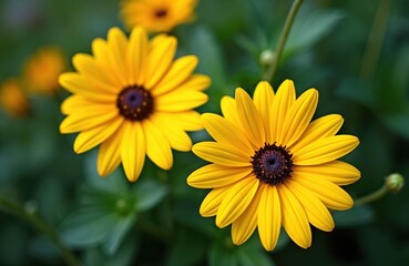 Fototapeta premium Close-up photo two vibrant yellow flowers. The bright yellow petals surround the dark centers. Green leaves create a natural background. Fresh spring beauty.