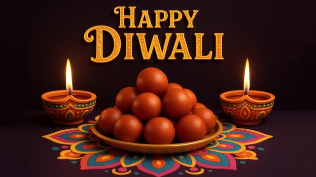 A plate full of indian sweet gulab jamun for diwali festive celebration in india Video | Happy Diwali 3d decorated letters | Diwali greeting in 3d illustration | 3d diwali sweets with diya 4k video