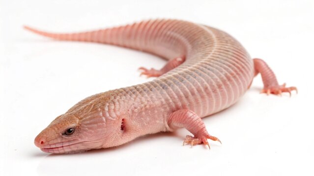 Mexican Mole Lizard with elongated pink segmented body, small limbs near the head, and smooth texture, isolated on a clean white studio background, realistic amphisbaenian reptile portrait, sharp focu