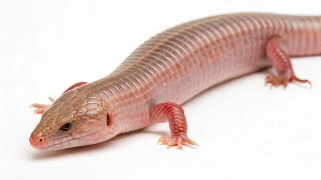 Mexican Mole Lizard with elongated pink segmented body, small limbs near the head, and smooth texture, isolated on a clean white studio background, realistic amphisbaenian reptile portrait, sharp focu