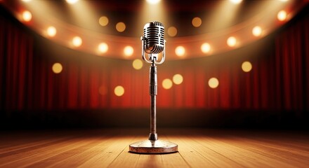 Retro microphone on stage with red curtain and spotlights, creating a vintage atmosphere reminiscent of classic performances and entertainment venues