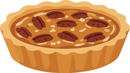 A cartoon illustration of a whole pecan pie with a golden fluted crust, isolated on a white background.
