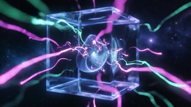 Futuristic Tesseract Cube Contains a Pulsating Cosmic Energy Source Exploding in Deep Space