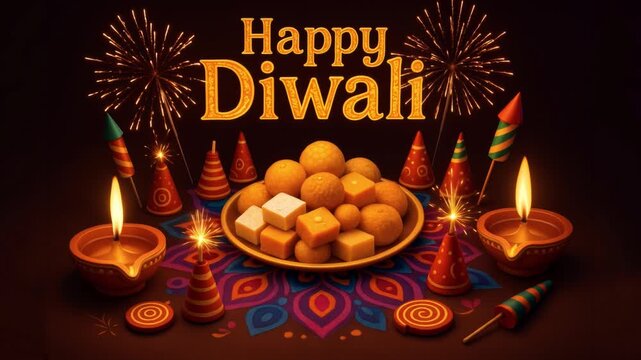 Video of Diya lamp and fire crackers and sweets during diwali festive celebration in india | Happy Diwali 3d decorated letters  | diwali diya and fireworks 4k video
