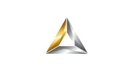 A modern three-dimensional triangular logo with polished gold and silver metallic surfaces on a white background.