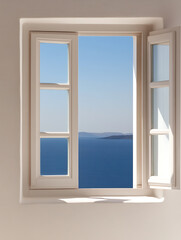 Window view: Ocean and sky meet in a serene vista. Light streams in, highlighting the architectural details of the open frame. A tranquil scene.