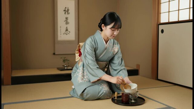 和室で着物を着てお茶を点てる茶道部の女子高校生